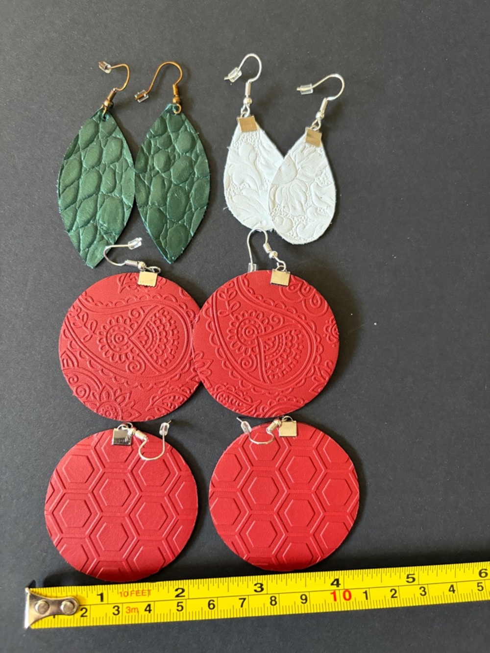 Set of Mixed Leather Teardrop & Round Earrings - Red, Green, White-Never Worn